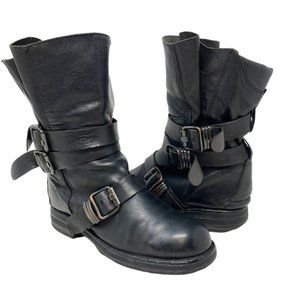 Silga Gomma Italian Black Calf Leather Triple Buckle Slouch Ankle Boots - Size 5
